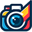 Photography services icon featuring a camera lens, image frame, and flash symbol, representing professional photography services.