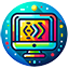 Web development icon featuring a computer screen with coding symbols and gear icons representing website functionality and customization.