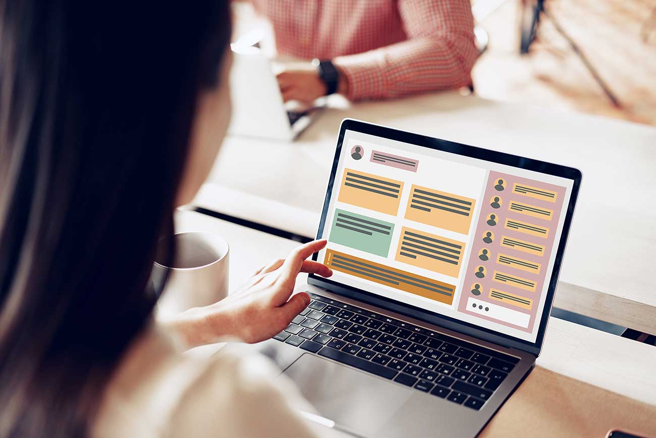 Woman reviewing a custom database system coded by OcalaCode.com on her desktop computer screen.